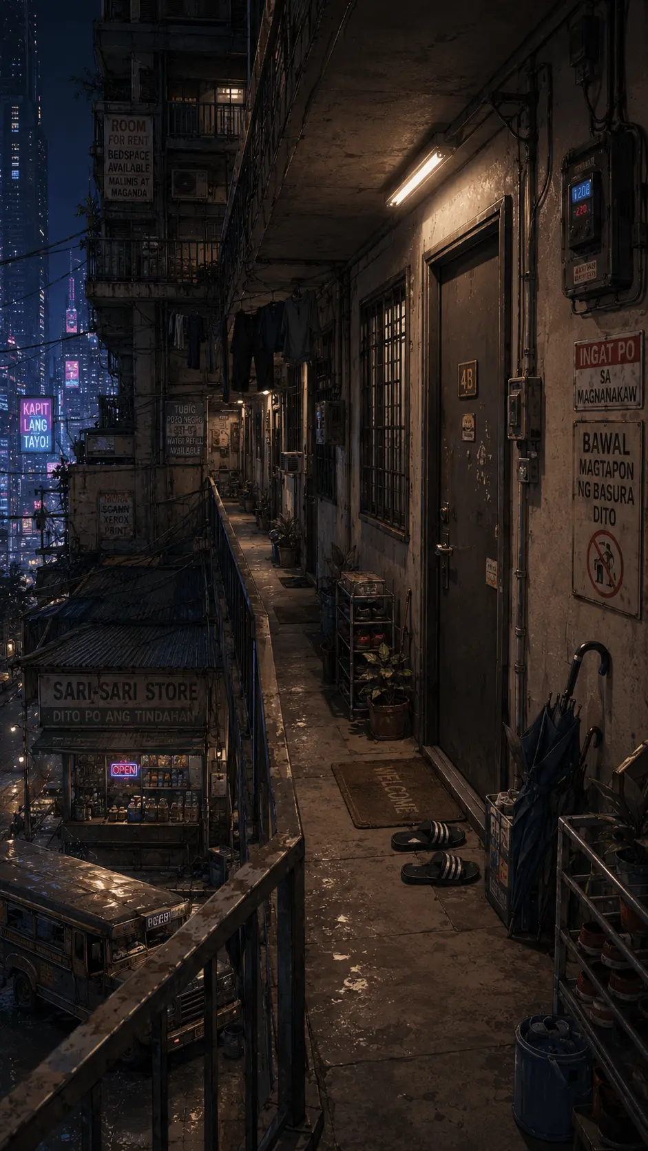 Apartment hallway with sari-sari store in a cyberpunk Manila building