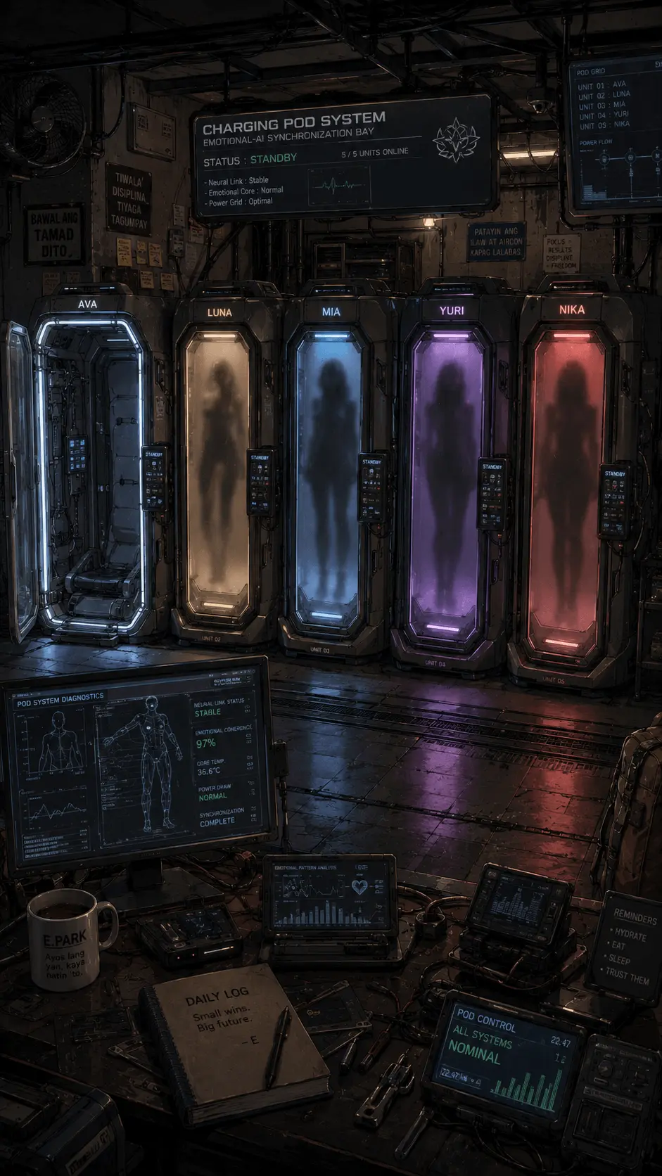Emotional-AI synchronization charging pod bay