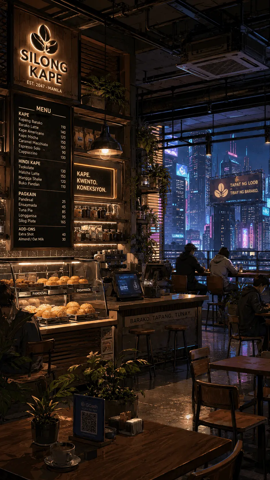 Silong Kape coffee shop overlooking a neon Manila skyline