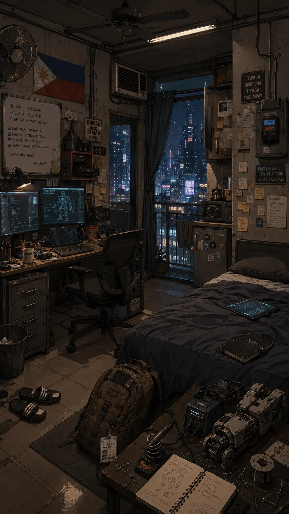 A cluttered engineer's bedroom overlooking the city