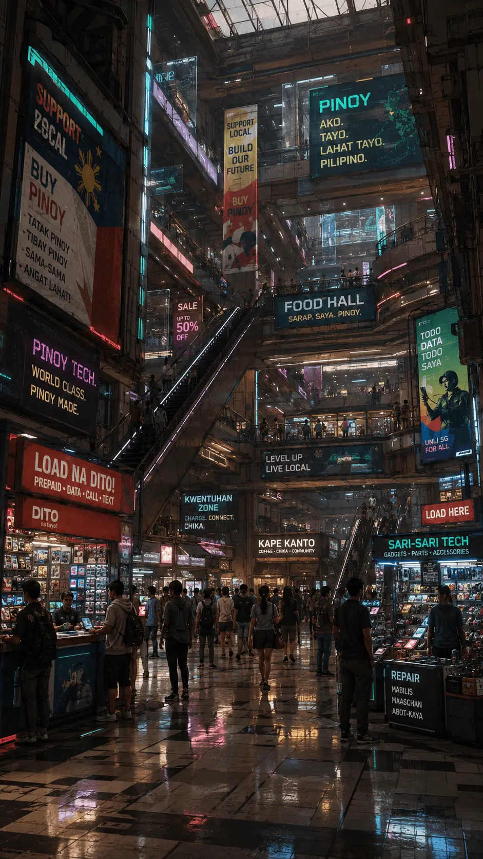 Bustling futuristic Filipino shopping mall